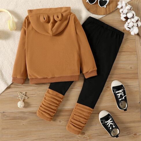 PATPAT 2pcs Outfit Kid Girl Bear Ear Design Polar fleece Hoodie Sweatshirt Splice Leggings Set Brown 5-6 Years in Saudi Arabia