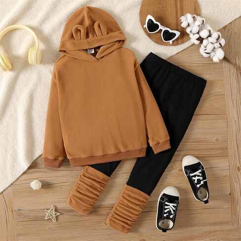 PATPAT 2pcs Outfit Kid Girl Bear Ear Design Polar fleece Hoodie Sweatshirt Splice Leggings Set Brown 5-6 Years in Saudi Arabia