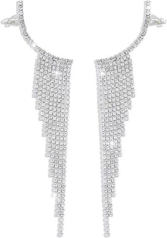 Exquisite Tassel Dangle Climber Ear Cuffs Cartilage Clip On Crawler Earrings Crystal Cubic Zirconia Long Chain Dangling Drop Piercing Statement Earring for Women Girls Bride Shiny Jewelry Gifts Wedding Birthday in Saudi Arabia