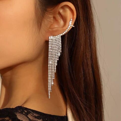 Exquisite Tassel Dangle Climber Ear Cuffs Cartilage Clip On Crawler Earrings Crystal Cubic Zirconia Long Chain Dangling Drop Piercing Statement Earring for Women Girls Bride Shiny Jewelry Gifts Wedding Birthday in Saudi Arabia