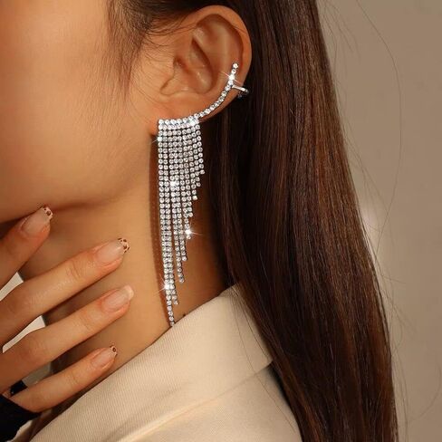 Exquisite Tassel Dangle Climber Ear Cuffs Cartilage Clip On Crawler Earrings Crystal Cubic Zirconia Long Chain Dangling Drop Piercing Statement Earring for Women Girls Bride Shiny Jewelry Gifts Wedding Birthday in Saudi Arabia