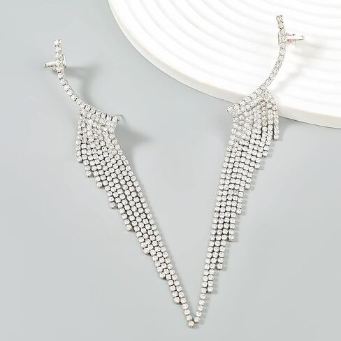 Exquisite Tassel Dangle Climber Ear Cuffs Cartilage Clip On Crawler Earrings Crystal Cubic Zirconia Long Chain Dangling Drop Piercing Statement Earring for Women Girls Bride Shiny Jewelry Gifts Wedding Birthday in Saudi Arabia