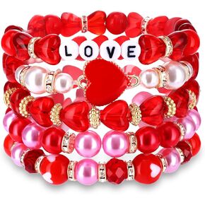 HEIDKRUEGER 3/5 Pieces Valentine's Day Beaded Bracelets for Women Red Heart Pendant Bracelet Glass Beads Stretch Bracelets for Girls Valentines Party Jewelry Gift in Kuwait