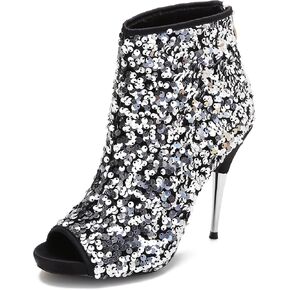 CAMSSOO Women's Colorful Sequin Stiletto Boots Peep Toe Rear Zipper Sexy Dress Wedding Glitter High Heels Sandals Ankle Boots