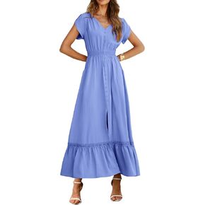 فساتين صيفية نسائية من Dowerme 2024 بأكمام بتلات ورقبة على شكل V وأزرار سفلية فستان طويل من الدانتيل على شكل حرف a in Kuwait