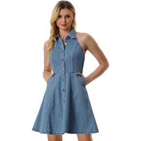 فساتين Allegra K Denim لفستان القميص النسائي برقبة رسن وأزرار سفلية in Kuwait