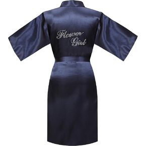 ALHAVONE Rhinestone Flower Girl Silky Satin Solid Color Short Kimono Robe for Wedding Birthday Party Spa