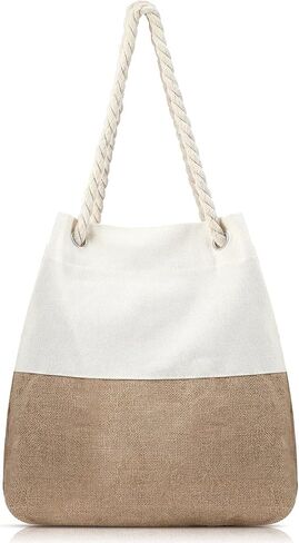 Large Boho Beach Bag Woven Beach Bag Canvas and Jute Boho Tote for Picnic Swim Summer Gym Travel Holiday, Beige in Saudi Arabia