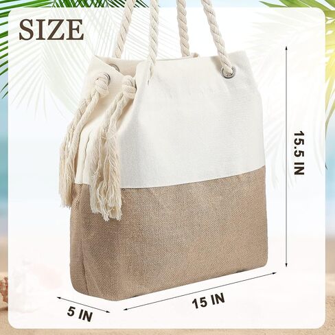 Large Boho Beach Bag Woven Beach Bag Canvas and Jute Boho Tote for Picnic Swim Summer Gym Travel Holiday, Beige in Saudi Arabia