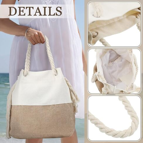 Large Boho Beach Bag Woven Beach Bag Canvas and Jute Boho Tote for Picnic Swim Summer Gym Travel Holiday, Beige in Saudi Arabia