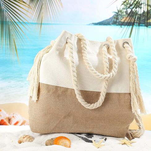 Large Boho Beach Bag Woven Beach Bag Canvas and Jute Boho Tote for Picnic Swim Summer Gym Travel Holiday, Beige in Saudi Arabia