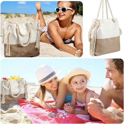 Large Boho Beach Bag Woven Beach Bag Canvas and Jute Boho Tote for Picnic Swim Summer Gym Travel Holiday, Beige in Saudi Arabia