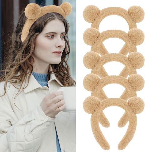 Bear Ears Plush Headbands for Women and Girls - Cute Animal Costume Party Accessories, Skincare Makeup Headbands, Brown in Kuwait
