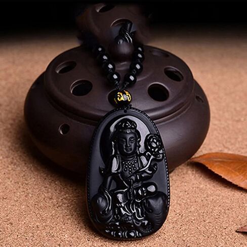 JczR.Y Buddha Necklace Black Obsidian Necklace for Women Good Luck Buddha Pendant Long Beaded Chain Imitate Jade Buddhism Jewelry in Saudi Arabia