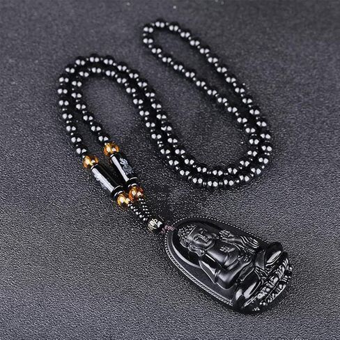 JczR.Y Buddha Necklace Black Obsidian Necklace for Women Good Luck Buddha Pendant Long Beaded Chain Imitate Jade Buddhism Jewelry in Saudi Arabia