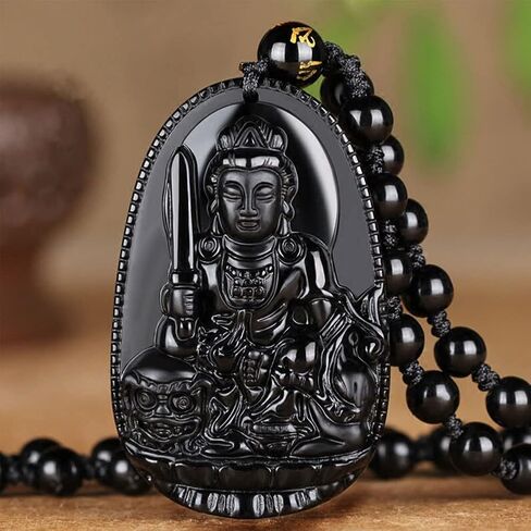 JczR.Y Buddha Necklace Black Obsidian Necklace for Women Good Luck Buddha Pendant Long Beaded Chain Imitate Jade Buddhism Jewelry in Saudi Arabia