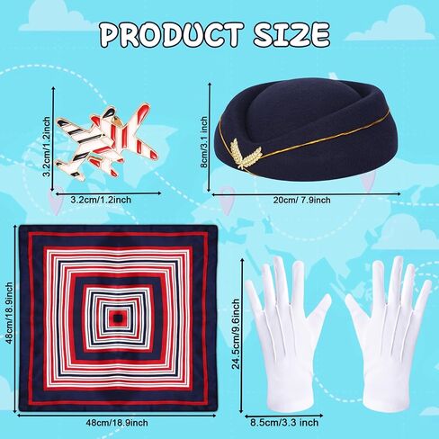 PHOGARY 4PCS مجموعة أزياء مضيفات الطيران النسائية، زي مضيفة للنساء الملحقات مع قبعة مضيفات الطيران، والقفازات، وشاح مضيفات الطيران، بروش للنساء الفتيات حفلة الهالوين التنكرية in Saudi Arabia