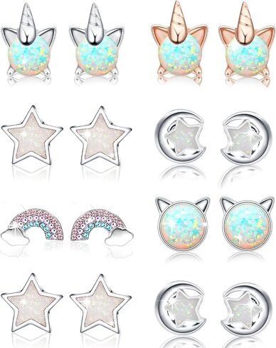 Hicdaw 12 Pairs Hypoallergenic Earrings for Girls Unicorn Earrings for Teen Girls Kids Women Opal Earrings Stainless Steel Cute Stud Earrings Set in Kuwait