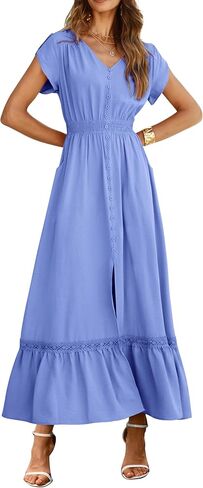 فساتين صيفية نسائية من Dowerme 2024 بأكمام بتلات ورقبة على شكل V وأزرار سفلية فستان طويل من الدانتيل على شكل حرف a in Kuwait