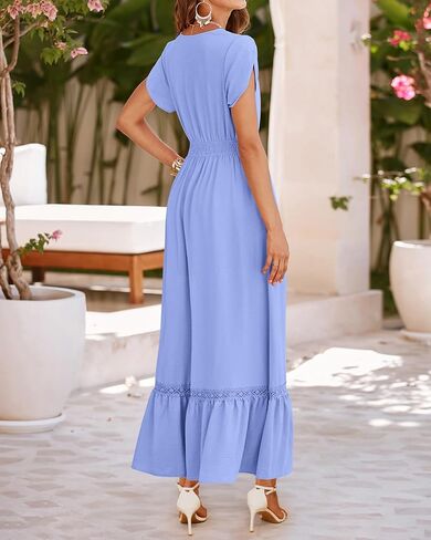 فساتين صيفية نسائية من Dowerme 2024 بأكمام بتلات ورقبة على شكل V وأزرار سفلية فستان طويل من الدانتيل على شكل حرف a in Kuwait