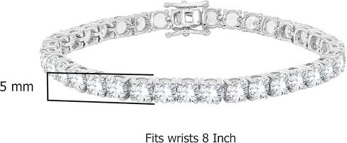 سوار تنس للجنسين من الفضة الاسترلينية مطلي بالذهب الابيض عيار 14 قيراط مقاس 8 انش من بوشاديم، بتصميم دائري مقلد ومرصع بالزركونيا المكعب الابيض مقاس 5 ملم، سوار هدية للنساء (نقاء VVS1، لون دي)، 8 انش، in Kuwait