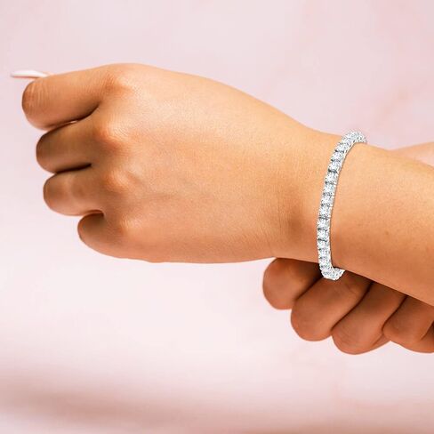 سوار تنس للجنسين من الفضة الاسترلينية مطلي بالذهب الابيض عيار 14 قيراط مقاس 8 انش من بوشاديم، بتصميم دائري مقلد ومرصع بالزركونيا المكعب الابيض مقاس 5 ملم، سوار هدية للنساء (نقاء VVS1، لون دي)، 8 انش، in Kuwait