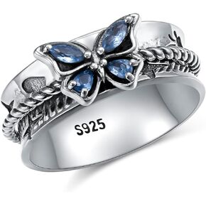 Ladytree Butterfly Fidget Ring S925 Sterling Silver Elephant Butterflies Blue CZ Anxiety Relieving Spinner Rings ADHD Relief Stress for Women Daughter Mom Girls