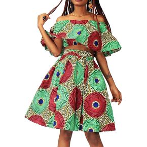 SHENBOLEN Women African Print Skirts Ankara Floral Top Set 2 Piece