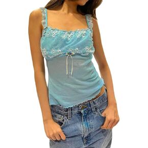 Women Y2k Floral Print Camisole Fairy Cute Lace Trim Spaghetti Strap Crop Top Vintage Summer Vest Tank Top Streetwear