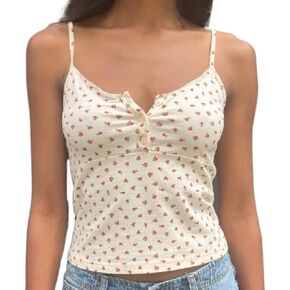 Women Y2k Floral Print Camisole Fairy Cute Lace Trim Spaghetti Strap Crop Top Vintage Summer Vest Tank Top Streetwear in Kuwait