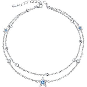 DAOCHONG Double Foot Chain Layer Ankle Bracelets for Women S925 Sterling Silver 3 Blue Stars Beads Chain Double Layer Anklet Beach Jewelry Anklet 9+1.5 inches in Kuwait