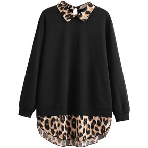 Floerns Women's Plus Size Leopard Print Collared Long Sleeve Sweatshirt