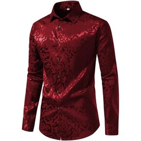 Men's Satin Silk Shirt Paisley Dress Shirt Slim Fit Floral Jacquard Shirt Party Prom Wedding Button Down Shirts