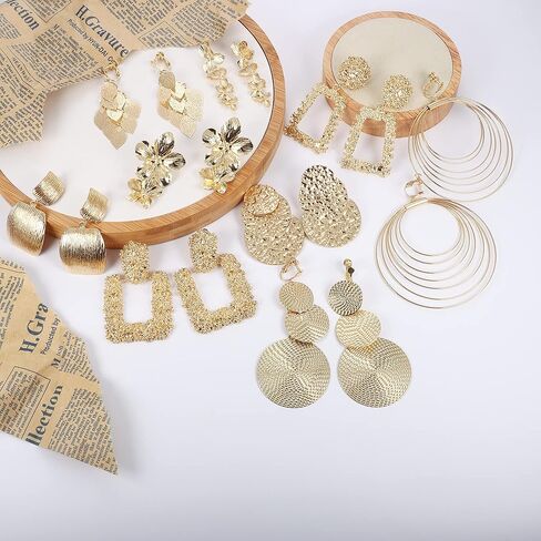 ماجيتاكو 9 ازواج من اقراط متدلية بمشبك للنساء على شكل ورقة زهور دائرية شبه منحرف مربعة مستطيلة ذهبية معدنية هندسية اقراط غير مثقوبة اقراط متدلية in Kuwait