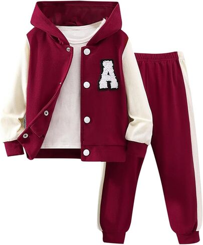 Xdftwdmgqe الفتيات سترة اسكواش الاطفال ليترمان البيسبول ملابس خارجية مقنعين اللون كتلة معطف فستان أطفال مع سروال داخلي 2 قطعة الزي الخريف والشتاء in Kuwait