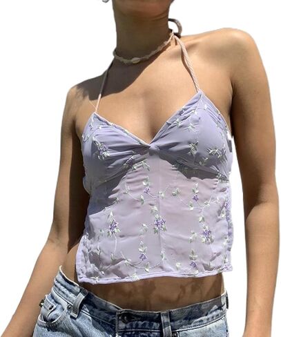 Women Y2k Floral Print Camisole Fairy Cute Lace Trim Spaghetti Strap Crop Top Vintage Summer Vest Tank Top Streetwear in Saudi Arabia