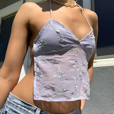 Women Y2k Floral Print Camisole Fairy Cute Lace Trim Spaghetti Strap Crop Top Vintage Summer Vest Tank Top Streetwear in Saudi Arabia