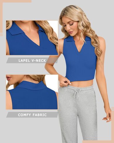 CLOZOZ Womens Tank Tops Polo Crop Top V Neck Ribbed Sleeveless Tops Collar Shirts Womens Crop Tops Polo Cropped Tank Trendy in Saudi Arabia