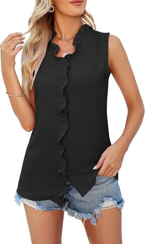 Famulily Ruffle Tank Top for Women V Neck Ruffled Collared Shirts Sleeveless Ruffle Placket Button Front Blouse in Kuwait