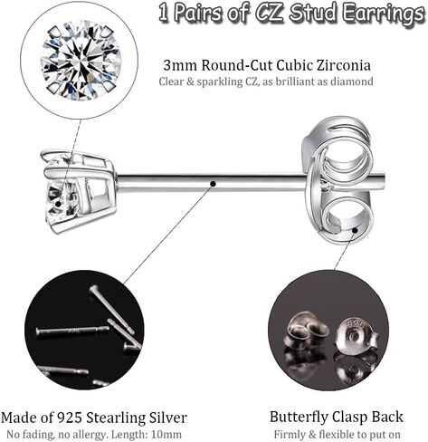 1 Pair Sterling Silver Stud Earrings Hypoallergenic 3mm Small Pearl Earrings Cubic Zirconia Earrings Round Ball Earrings for Women Men, 3 Color Options in Saudi Arabia
