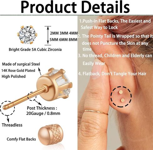 【ليست مسامير مسطحة】أقراط مسمار مسطحة بدون خيوط، فولاذ جراحي مضاد للحساسية 20 جرام صغير مستدير مكعب زركونيا مجموعة من الأقراط المرصعة بفص الغضروف اللولب الثقب الثالث الثقب المتعدد، حزمة من 6 أزواج in Kuwait