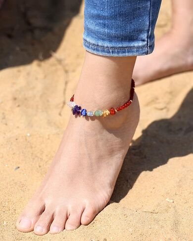 Jewever 7 Chakra Chip Tumbled Real Stone Beaded Anklet Bracelet for Women Power Energy Healing Crsyatls and Gemstones Beach Foot Adjustable (8.5-10 Inches) in Saudi Arabia