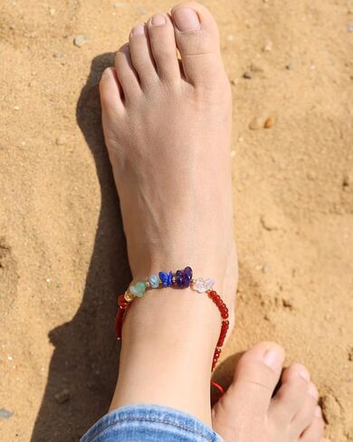 Jewever 7 Chakra Chip Tumbled Real Stone Beaded Anklet Bracelet for Women Power Energy Healing Crsyatls and Gemstones Beach Foot Adjustable (8.5-10 Inches) in Saudi Arabia