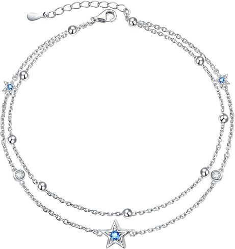 DAOCHONG Double Foot Chain Layer Ankle Bracelets for Women S925 Sterling Silver 3 Blue Stars Beads Chain Double Layer Anklet Beach Jewelry Anklet 9+1.5 inches in Kuwait