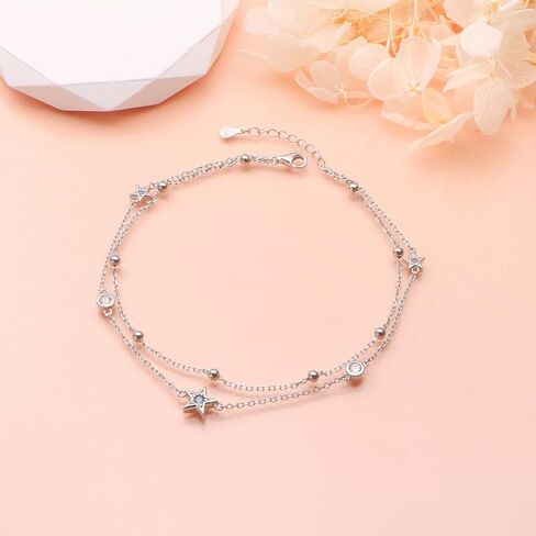 DAOCHONG Double Foot Chain Layer Ankle Bracelets for Women S925 Sterling Silver 3 Blue Stars Beads Chain Double Layer Anklet Beach Jewelry Anklet 9+1.5 inches in Kuwait