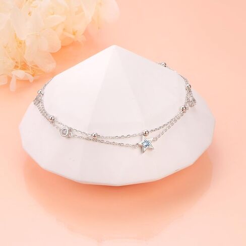DAOCHONG Double Foot Chain Layer Ankle Bracelets for Women S925 Sterling Silver 3 Blue Stars Beads Chain Double Layer Anklet Beach Jewelry Anklet 9+1.5 inches in Kuwait