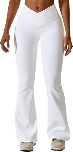 ABOCIW Womens Crossover Ribbed Flare Leggings High Waisted Bootcut Yoga Pants Tummy Control Gym Workout Gym Leggings in Kuwait