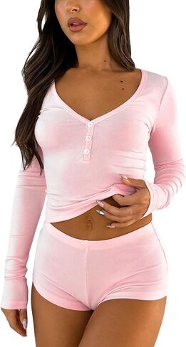 XBTCLXEBCO Ribbed Knit Pajama Set for Women 2 Piece V Neck Button Down Long Sleeve Crop T-Shirt Top and Shorts Lounge Pj Set in Saudi Arabia