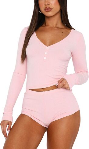 XBTCLXEBCO Ribbed Knit Pajama Set for Women 2 Piece V Neck Button Down Long Sleeve Crop T-Shirt Top and Shorts Lounge Pj Set in Saudi Arabia