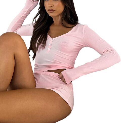 XBTCLXEBCO Ribbed Knit Pajama Set for Women 2 Piece V Neck Button Down Long Sleeve Crop T-Shirt Top and Shorts Lounge Pj Set in Saudi Arabia